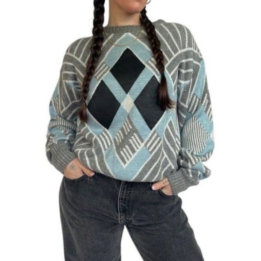 Vintage Barnaby Sweater Argyle Leather Diamond Geometric Knit Pullover M/L
